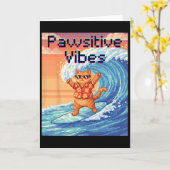 Carte Vibes Positives Chat Surfant - Vague d'Art Pixel (Fleur jaune)