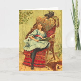 Carte Victorian Girl Lire un livre avec son chat