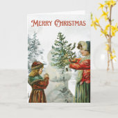 Carte Victorian Girls Building a Snowman (Fleur jaune)