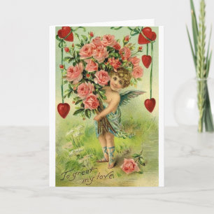 Carte Victorienne Cupid Et Rose Valentine's Day