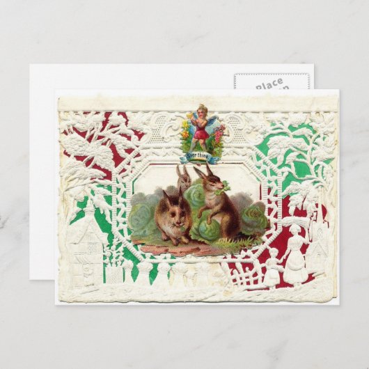 Carte victorienne de Valentine - 3 lapins (Devant / Derrière)