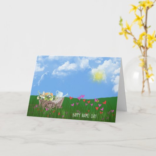Carte vieille brouette avec fleurs Nom Jour (Fleur jaune)