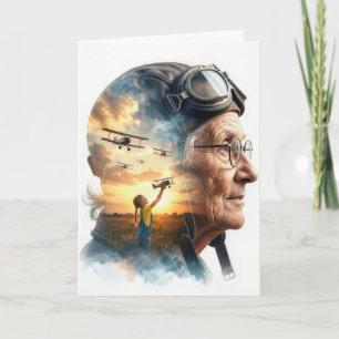 Carte Vieille dame aviatrice d'anniversaire se souvenant
