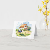 Carte Vieille vache avec vieille ferme BLANC (Fleur jaune)