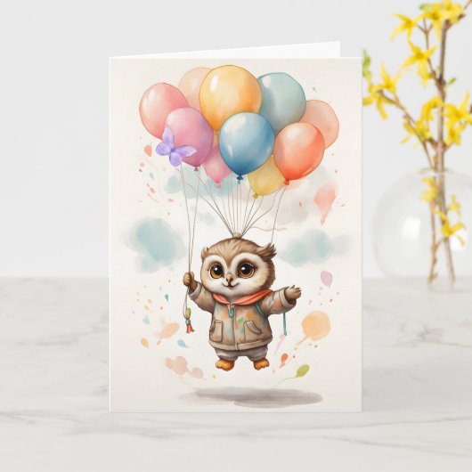 Carte vierge aux ballons colorés et chouette aquar (Fleur jaune)