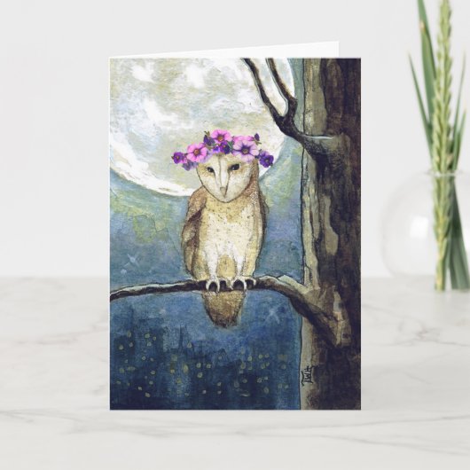 Carte vierge Lune de Hibou & Fleurs (Devant)