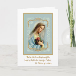Carte Vierge Marie avec rose rouge dentelle blanche bord