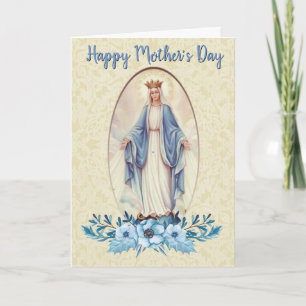 Carte Vierge Marie   Guirlande florale bleue   Fête des 