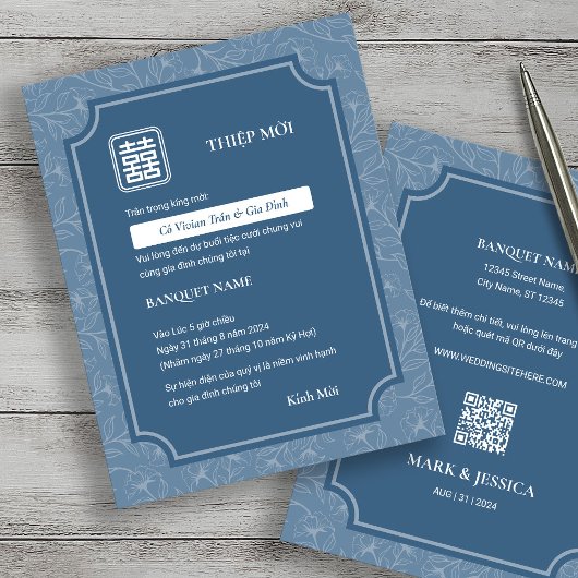 Carte Viêt-namien Gris Bleu Chanson Hy Mariage Thiep Moi