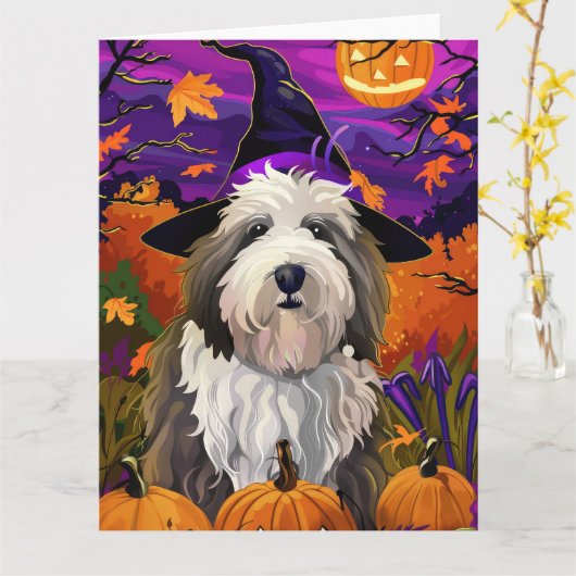 Carte Vieux anglais Sheepdog Halloween sorcier Citrouill (Fleur jaune)