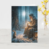 Carte Vieux Noël avec un lapin (Fleur jaune)