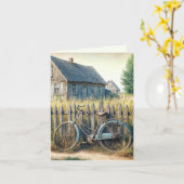 Carte Vieux Vélo Abandonné Sur La clôture Rustique (Fleur jaune)