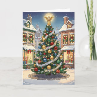 Carte Village de conte de Noël arbre de Noël avec ange