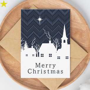 Carte Village de Noël en tricot bleu rustique à carreaux
