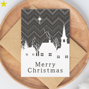 Carte Village de Noël en tricot chevron gris rustique