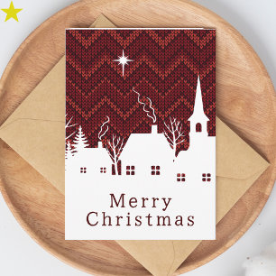 Carte Village de Noël en tricot chevron Rouge Rustique
