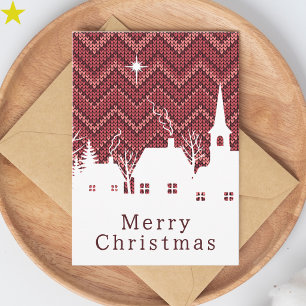 Carte Village de Noël en tricot rustique rose argyle