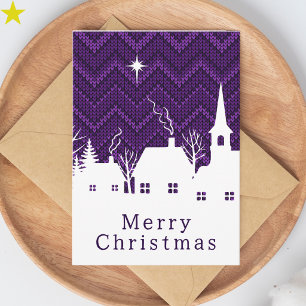 Carte Village de Noël rustique en tricot chevron violet