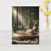 Carte Vin d'anniversaire et pain sur une table en forêt (Fleur jaune)