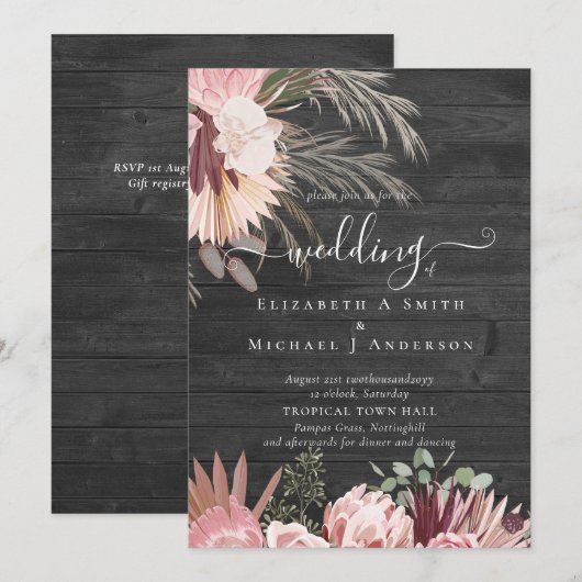 Carte Vin de Bourgogne Pampas Grass Mariage Tropical (Devant / Derrière)