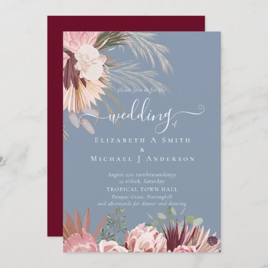 Carte Vin de Bourgogne Pampas Grass Mariage Tropical (Devant / Derrière)