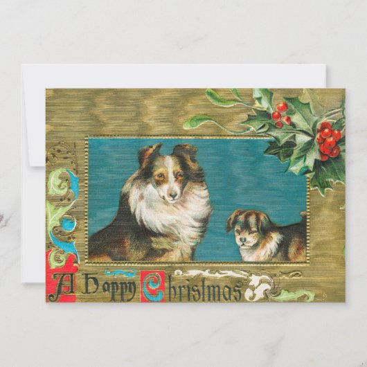 Carte Vintage 1908 Collie Dogs Gold Joyeux Noël (Devant)