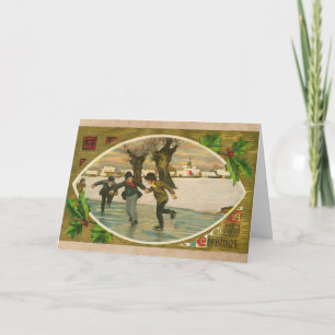 Carte Vintage 1909 Garçons Patinage sur glace Or Noël