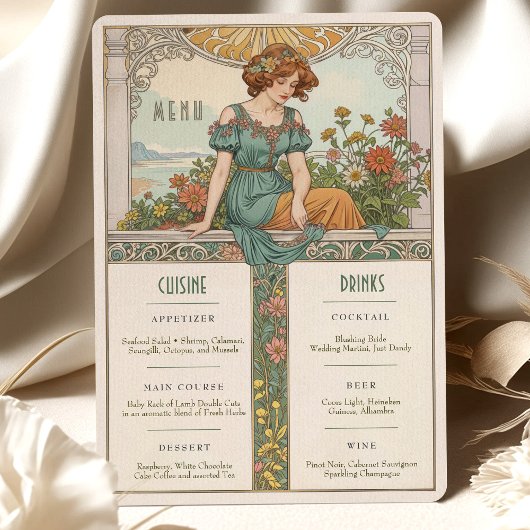 Carte vintage Art Nouveau Mariage Menu & Boissons