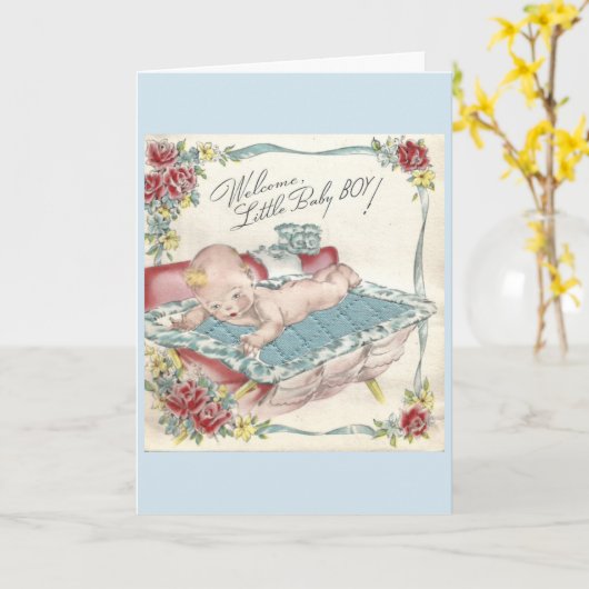 Carte Vintage - Bienvenue bébé garçon, (Fleur jaune)