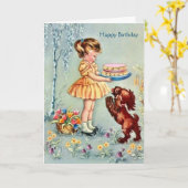 Carte Vintage - Birthday Girl & Her Dog, (Fleur jaune)
