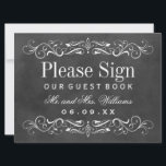 Carte Vintage Black Chalkboard Mariage Livre d'invité<br><div class="desc">Des tourbillons décoratifs et des fioritures encadrent cette élégante enseigne de livres d'hôtes mariages d'inspiration vintage avec du texte blanc et du monogramme. L'Arrière - plan a une apparence de tableau noir texturé.</div>