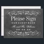 Carte Vintage Black Chalkboard Mariage Livre d'invité<br><div class="desc">Des tourbillons décoratifs et des fioritures encadrent cette élégante enseigne de livres d'hôtes mariages d'inspiration vintage avec du texte blanc et du monogramme. L'Arrière - plan a une apparence de tableau noir texturé.</div>