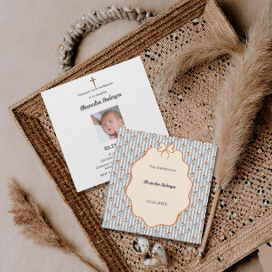 Carte Vintage Bleu Stripes Orange Floral Photo Baptême