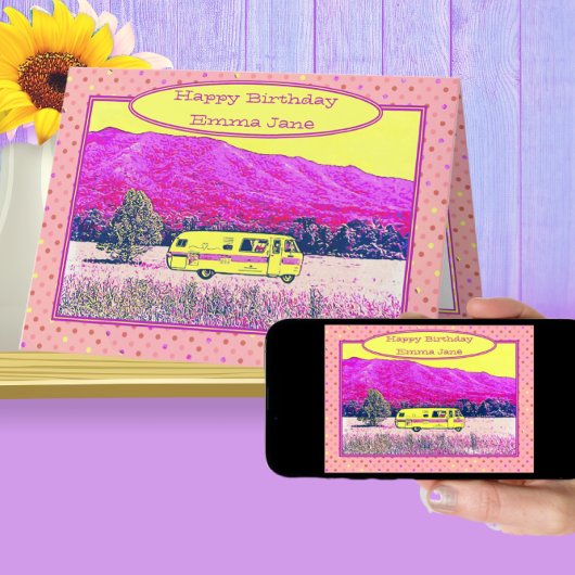 Carte Vintage Camper Van Bonne Anniversaire Pois roses