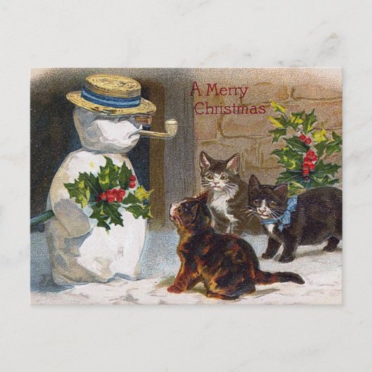 Carte Vintage Christmas Snowman & Kittens (Devant)