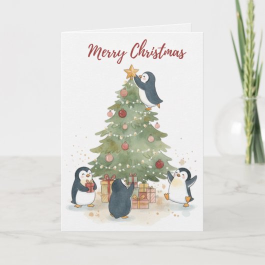 Carte Vintage Christmas Tree Penguins Card (Devant)