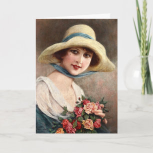 Carte Vintage Dame Avec Bouquet De Roses