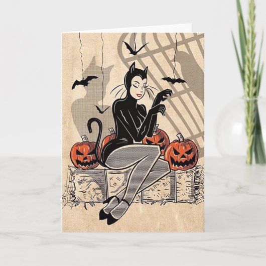 Carte Vintage Dame Halloween En Costume Chat (Devant)