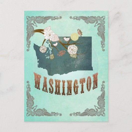 Carte vintage de l'État de Washington - bleu turqu (Devant)
