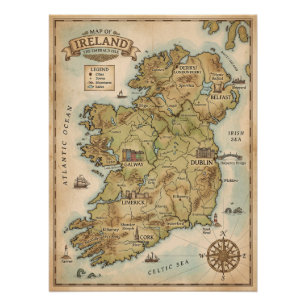 Carte vintage de l'Irlande - Affiche de l'île d'ém