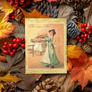 Carte vintage de Thanksgiving femme portant dinde