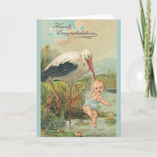 Carte vintage de voeux pour bébé et cigogne (Devant)
