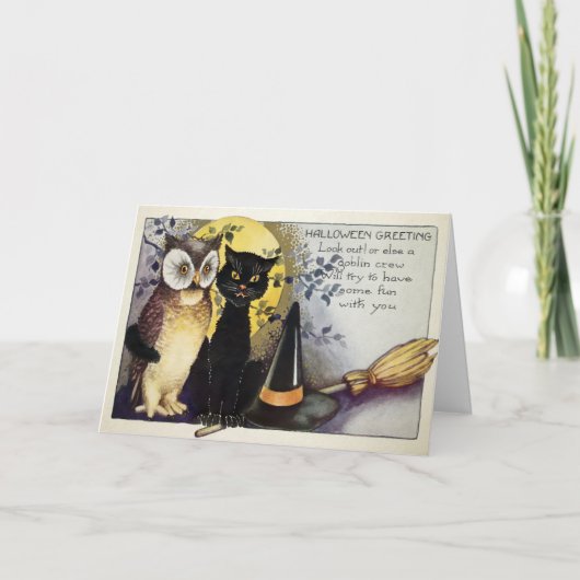 Carte vintage d'Halloween Chat noir et Chouette (Devant)