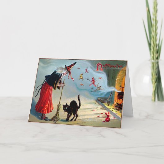 Carte vintage d'Halloween Chat noir et sorcière (Devant)