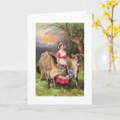 Carte Vintage - domestique laitière et vaches, (Fleur jaune)