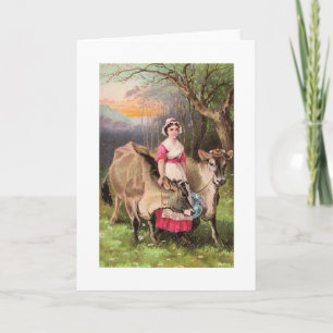 Carte Vintage - domestique laitière et vaches,