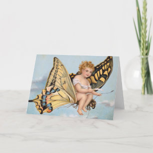 Carte vintage du Nouvel An, enfant chevauchant un 