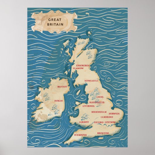 Carte Vintage du Royaume-Uni Affiche (Devant)
