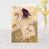 Carte Vintage - Femme et un Oiseau, (Fleur jaune)