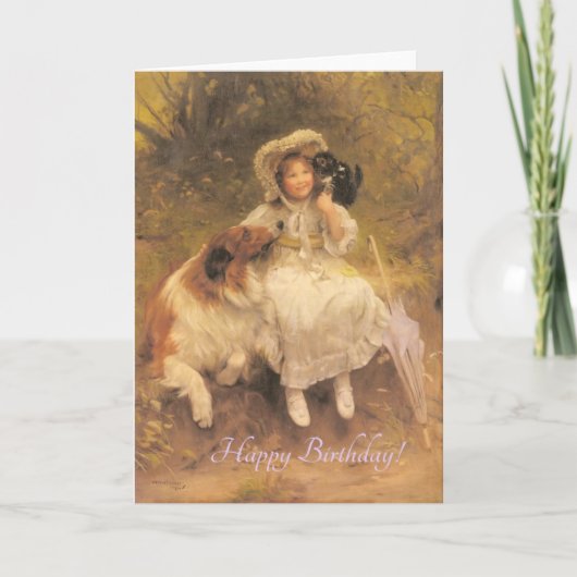Carte Vintage Fille Avec Animaux, Anniversaire (Devant)